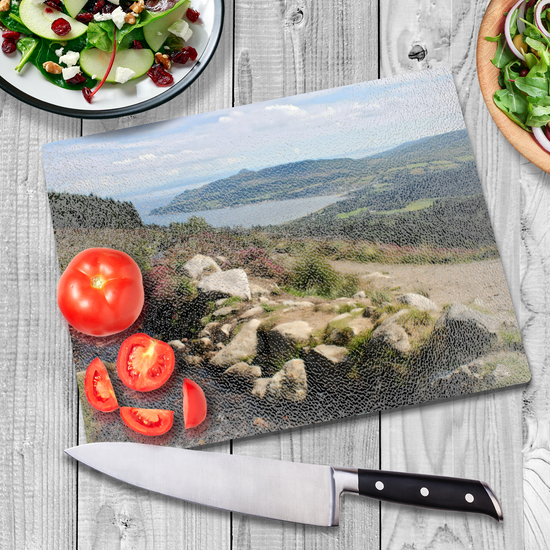 Scottish Landscapes & Seascapes. The Stylish Textured Glass Chopping Board. Goatfell  Trail. Isle of Arran. Scotland.