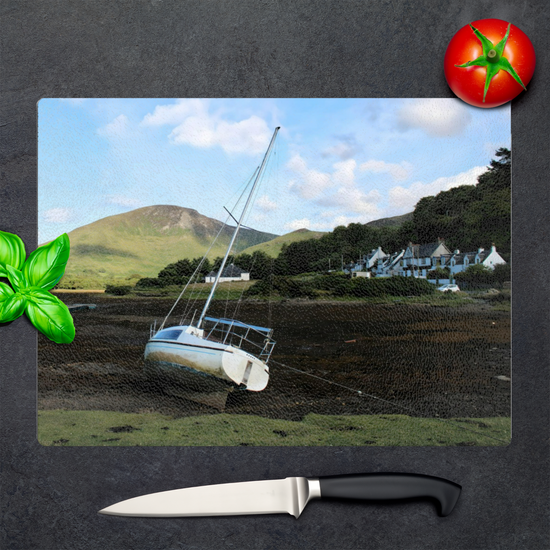 Scottish Landscapes & Seascapes. The Stylish Textured Glass Chopping  Board. Lochranza. Isle of Arran. Scotland.