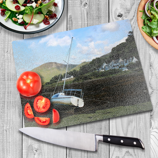 Scottish Landscapes & Seascapes. The Stylish Textured Glass Chopping  Board. Lochranza. Isle of Arran. Scotland.