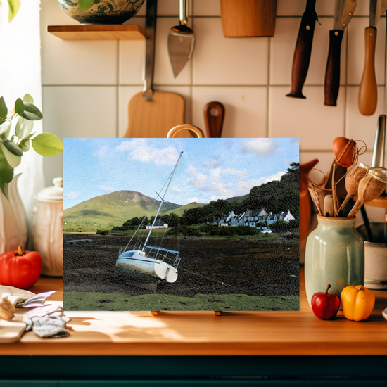 Scottish Landscapes & Seascapes. The Stylish Textured Glass Chopping  Board. Lochranza. Isle of Arran. Scotland.