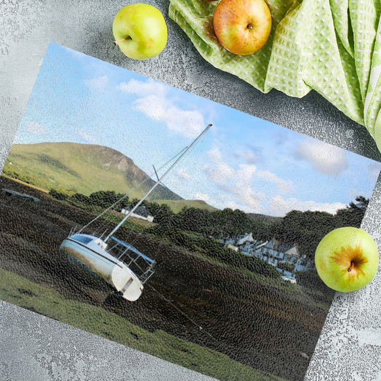 Scottish Landscapes & Seascapes. The Stylish Textured Glass Chopping  Board. Lochranza. Isle of Arran. Scotland.