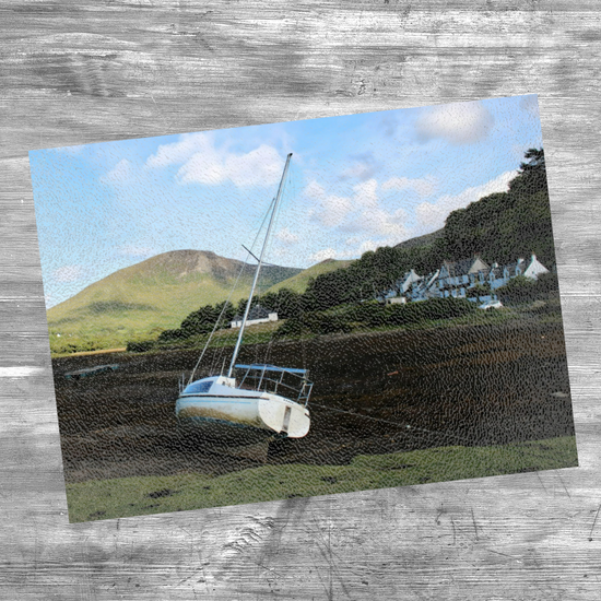 Scottish Landscapes & Seascapes. The Stylish Textured Glass Chopping  Board. Lochranza. Isle of Arran. Scotland.