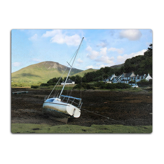 Scottish Landscapes & Seascapes. The Stylish Textured Glass Chopping  Board. Lochranza. Isle of Arran. Scotland.