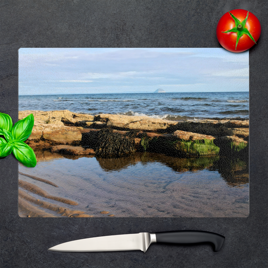 Scottish Landscapes & Riverscapes. The Stylish Textured Glass Chopping Board. Sliddery. Ailsa Craig. Isle of Arran. Scotland.