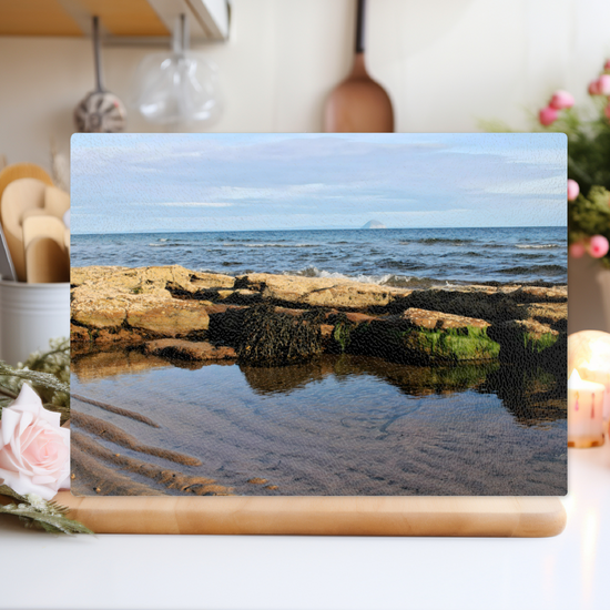 Scottish Landscapes & Riverscapes. The Stylish Textured Glass Chopping Board. Sliddery. Ailsa Craig. Isle of Arran. Scotland.