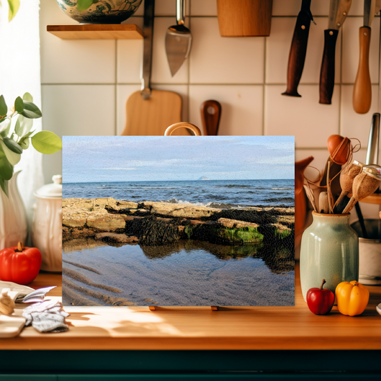 Scottish Landscapes & Riverscapes. The Stylish Textured Glass Chopping Board. Sliddery. Ailsa Craig. Isle of Arran. Scotland.