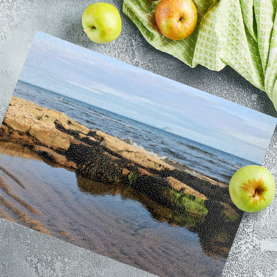 Scottish Landscapes & Riverscapes. The Stylish Textured Glass Chopping Board. Sliddery. Ailsa Craig. Isle of Arran. Scotland.