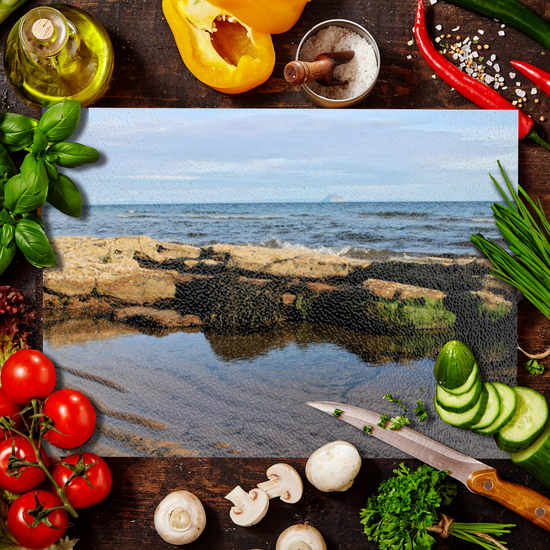Scottish Landscapes & Riverscapes. The Stylish Textured Glass Chopping Board. Sliddery. Ailsa Craig. Isle of Arran. Scotland.