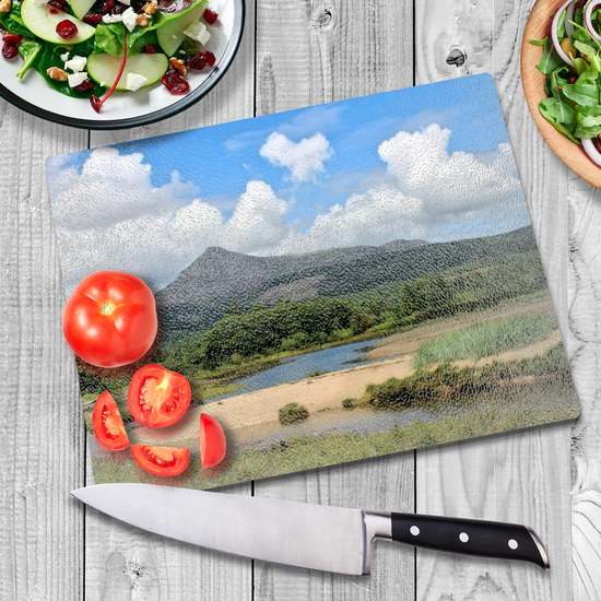 Scottish Landscapes & Seascapes. The  Stylish Textured Glass Chopping Board. Brodicik. Goatfell Mountain. Isle of Arran. Scotland.