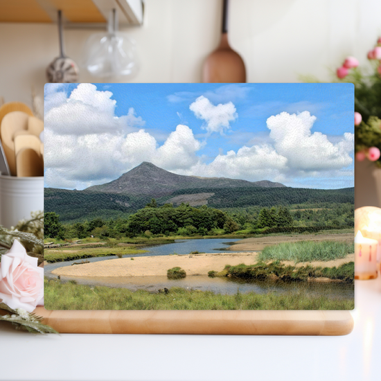 Scottish Landscapes & Seascapes. The  Stylish Textured Glass Chopping Board. Brodicik. Goatfell Mountain. Isle of Arran. Scotland.