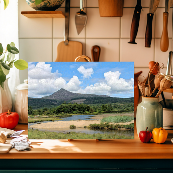 Scottish Landscapes & Seascapes. The  Stylish Textured Glass Chopping Board. Brodicik. Goatfell Mountain. Isle of Arran. Scotland.