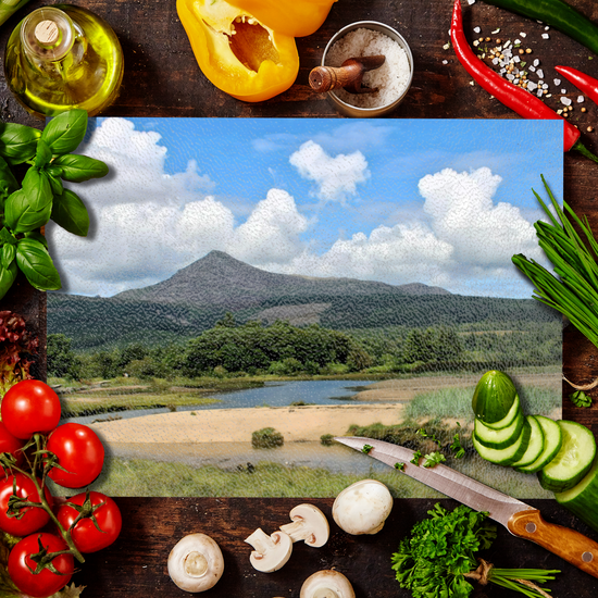 Scottish Landscapes & Seascapes. The  Stylish Textured Glass Chopping Board. Brodicik. Goatfell Mountain. Isle of Arran. Scotland.