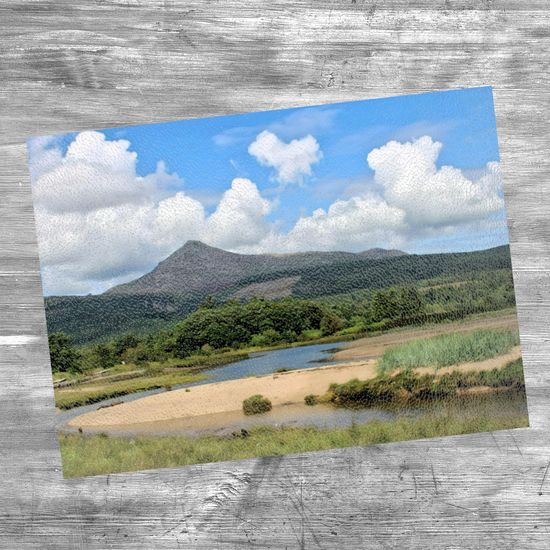 Scottish Landscapes & Seascapes. The  Stylish Textured Glass Chopping Board. Brodicik. Goatfell Mountain. Isle of Arran. Scotland.