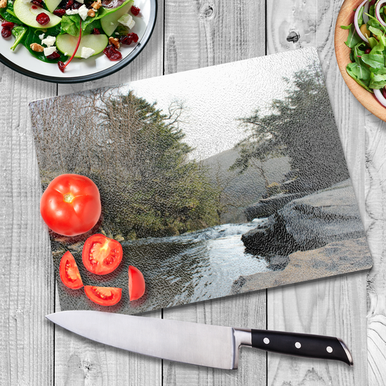 The Stylish Textured Glass Chopping Board. Ingleton Waterfall Trail. Yorkshire Dales National Park. England.