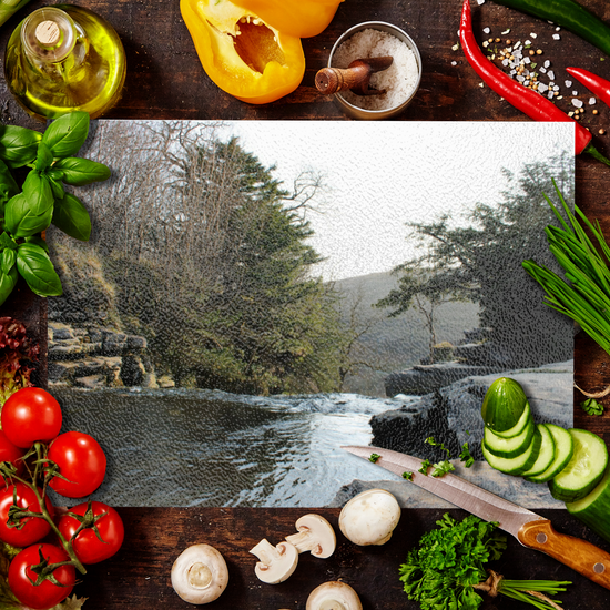 The Stylish Textured Glass Chopping Board. Ingleton Waterfall Trail. Yorkshire Dales National Park. England.