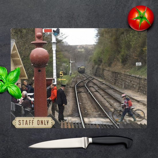 The Stylish Textured Glass Chopping Board. Goathland  Railway  Station.  Near Whitby.  North Yorkshire. England.