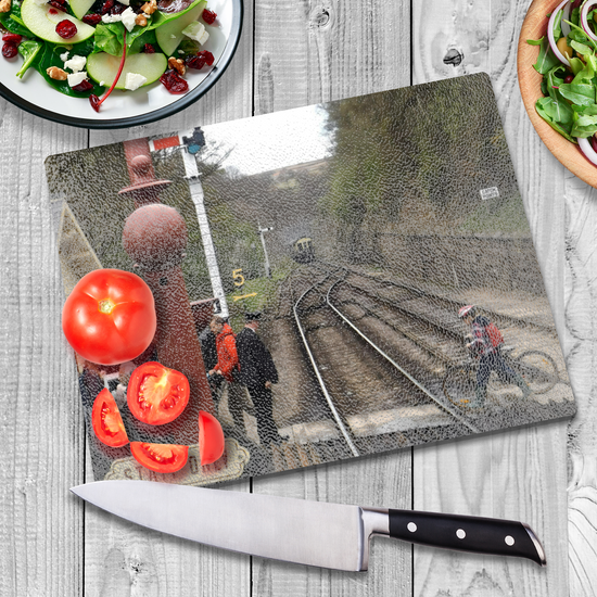 The Stylish Textured Glass Chopping Board. Goathland  Railway  Station.  Near Whitby.  North Yorkshire. England.
