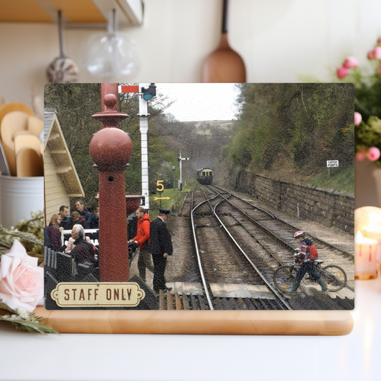 The Stylish Textured Glass Chopping Board. Goathland  Railway  Station.  Near Whitby.  North Yorkshire. England.