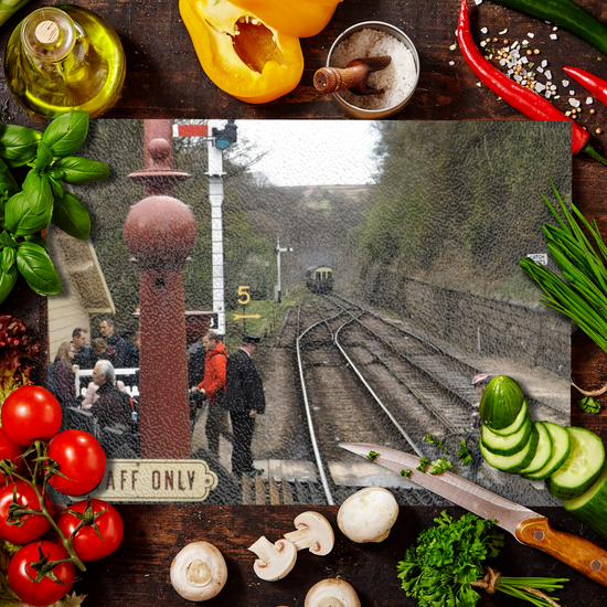 The Stylish Textured Glass Chopping Board. Goathland  Railway  Station.  Near Whitby.  North Yorkshire. England.