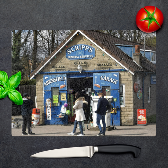 The Stylish Textured Glass Chopping Board. Heartbeat Garage. Goathland. Near Whitby. North Yorkshire. England.
