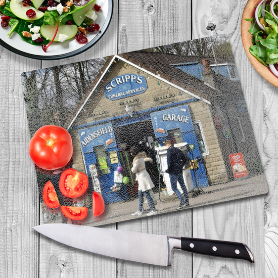 The Stylish Textured Glass Chopping Board. Heartbeat Garage. Goathland. Near Whitby. North Yorkshire. England.
