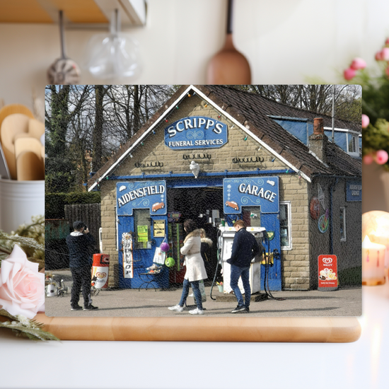 The Stylish Textured Glass Chopping Board. Heartbeat Garage. Goathland. Near Whitby. North Yorkshire. England.