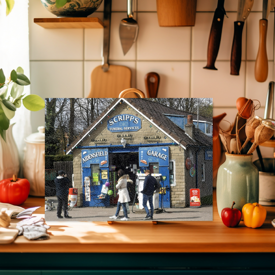 The Stylish Textured Glass Chopping Board. Heartbeat Garage. Goathland. Near Whitby. North Yorkshire. England.