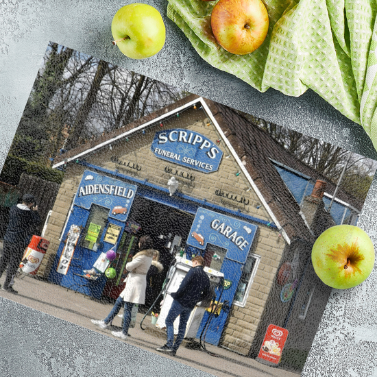 The Stylish Textured Glass Chopping Board. Heartbeat Garage. Goathland. Near Whitby. North Yorkshire. England.
