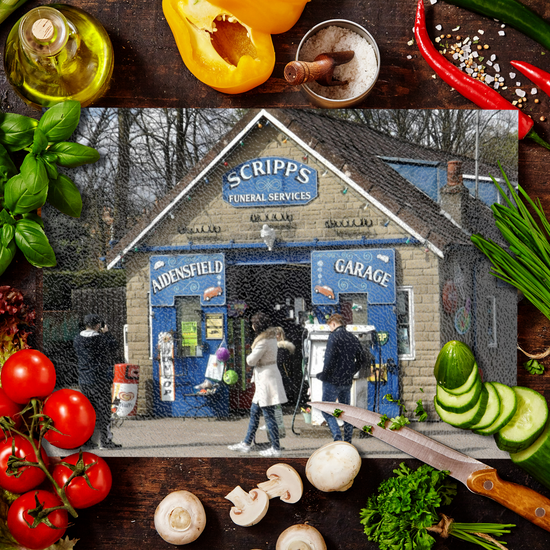 The Stylish Textured Glass Chopping Board. Heartbeat Garage. Goathland. Near Whitby. North Yorkshire. England.