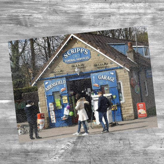 The Stylish Textured Glass Chopping Board. Heartbeat Garage. Goathland. Near Whitby. North Yorkshire. England.