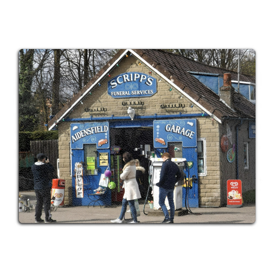 The Stylish Textured Glass Chopping Board. Heartbeat Garage. Goathland. Near Whitby. North Yorkshire. England.