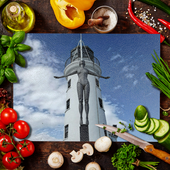The Stylish Textured Glass Chopping Board. Scarborough Diving  Belle.  North Yorkshire. England.