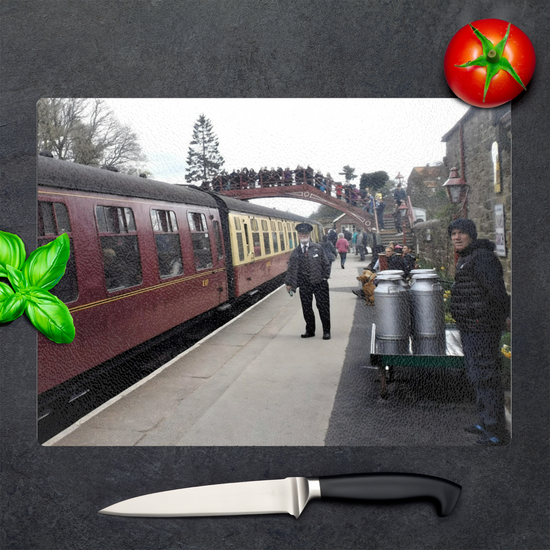 The Stylish Textured Glass Chopping Board. Goathland Railway Station. Near Whitby. North Yorkshire. England.