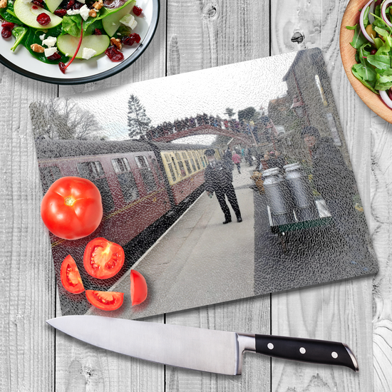 The Stylish Textured Glass Chopping Board. Goathland Railway Station. Near Whitby. North Yorkshire. England.