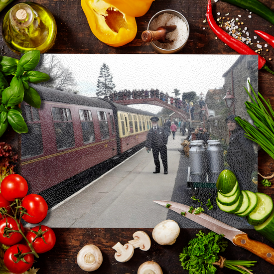 The Stylish Textured Glass Chopping Board. Goathland Railway Station. Near Whitby. North Yorkshire. England.