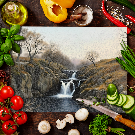The Stylish Textured Glass Chopping Board. Ingleton Waterfall Trail. Yorkshire Dales National Park. England.