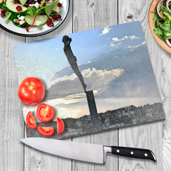 The Stylish Textured Glass Chopping Board. Scarborough  Diving Belle. North Yorkshire. England.