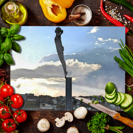 The Stylish Textured Glass Chopping Board. Scarborough  Diving Belle. North Yorkshire. England.