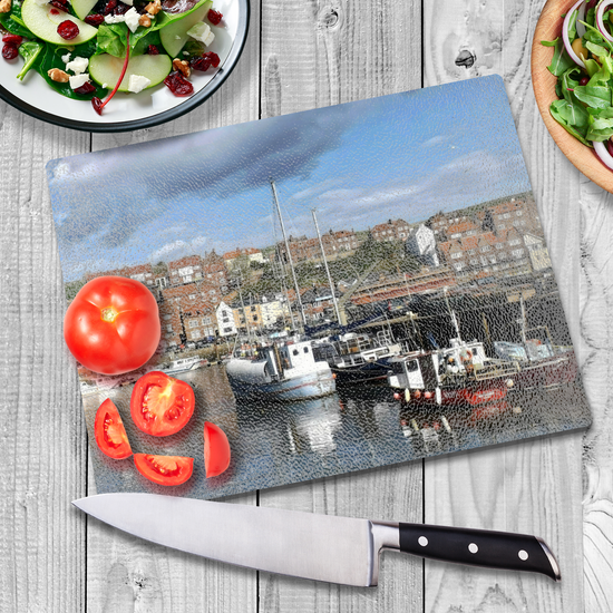The Stylish Textured Glass Chopping Board. Whitby.  North Yorkshire. England.