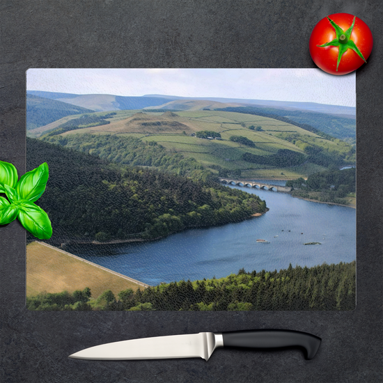 The Stylish Textured Glass Chopping Board. Bamford Edge. Ladybower Reservoir.  Peak District National Park. Derbyshire. England.