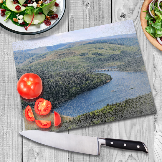 The Stylish Textured Glass Chopping Board. Bamford Edge. Ladybower Reservoir.  Peak District National Park. Derbyshire. England.
