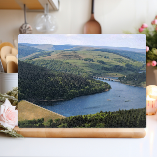 The Stylish Textured Glass Chopping Board. Bamford Edge. Ladybower Reservoir.  Peak District National Park. Derbyshire. England.
