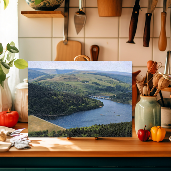 The Stylish Textured Glass Chopping Board. Bamford Edge. Ladybower Reservoir.  Peak District National Park. Derbyshire. England.
