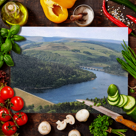 The Stylish Textured Glass Chopping Board. Bamford Edge. Ladybower Reservoir.  Peak District National Park. Derbyshire. England.