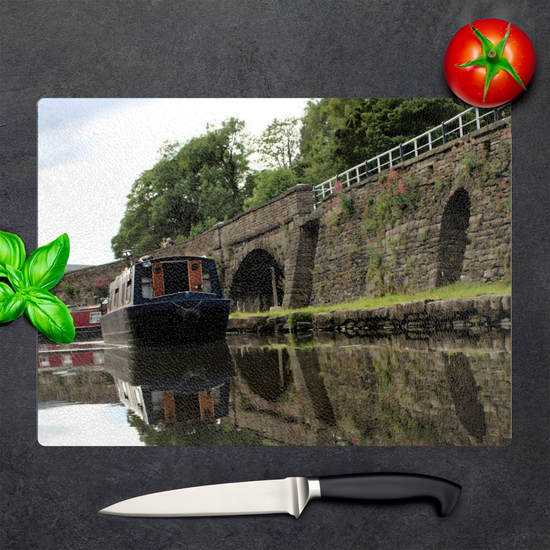 The Stylish Textured Glass Chopping Board. Bugsworth Canal Basin. Buxworth. Peak Forest Canal. Derbyshire. England.
