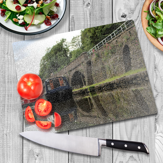 The Stylish Textured Glass Chopping Board. Bugsworth Canal Basin. Buxworth. Peak Forest Canal. Derbyshire. England.