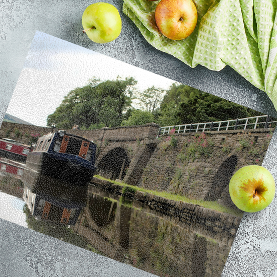 The Stylish Textured Glass Chopping Board. Bugsworth Canal Basin. Buxworth. Peak Forest Canal. Derbyshire. England.