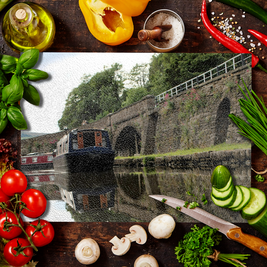 The Stylish Textured Glass Chopping Board. Bugsworth Canal Basin. Buxworth. Peak Forest Canal. Derbyshire. England.