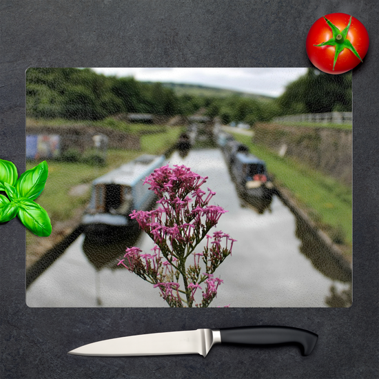 The Stylish Textured Glass Chopping Board. Bugsworth Canal Basin.  Buxworth. Peak Forest Canal. Derbyshire. England.