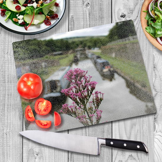 The Stylish Textured Glass Chopping Board. Bugsworth Canal Basin.  Buxworth. Peak Forest Canal. Derbyshire. England.